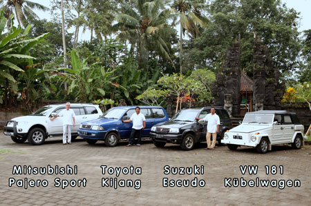 unsere Autoauswahl für Bali Ausflüge: Mitsubishi Pajero, Toyota Kijang, Suzuki Escudo, VW 181 Kübelwagen