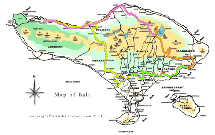 Routenkarte Tour 11 "Bali Rundreise mit Batur Vulkan Besteigung"